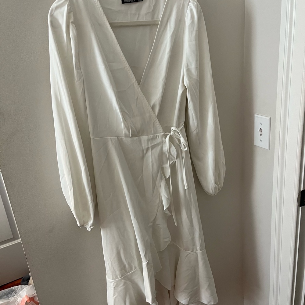 Boohoo White long sleeve wrap dress Dress
